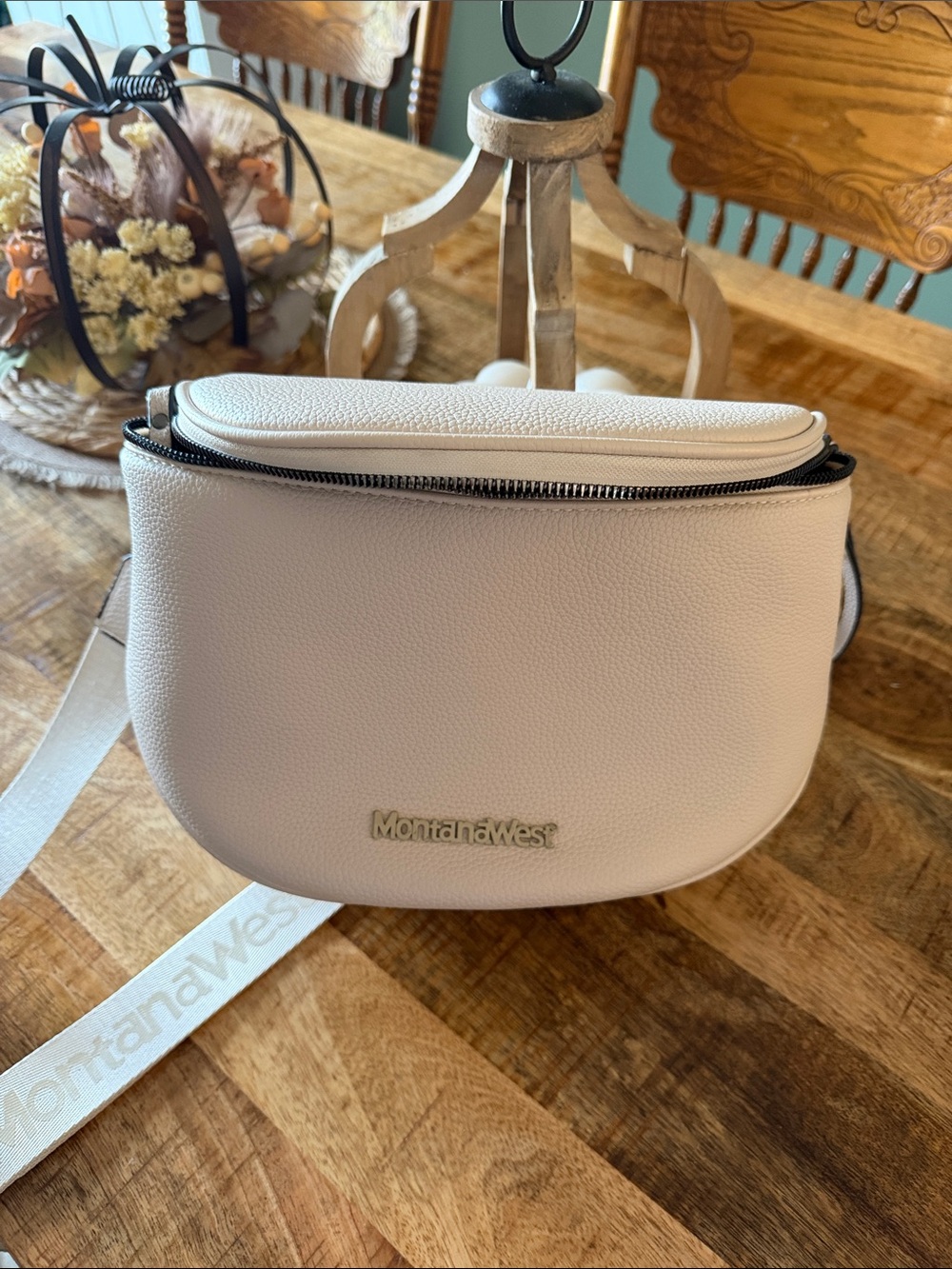 Montana West Cream Pebble-Texture Crossbody Bag with Gold Logo